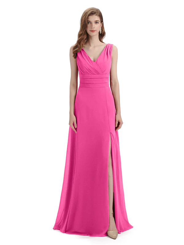 Elegant Sleeveless V-Neck Side Slit Floor-Length Long Bridesmaid Dresses In Stock