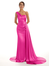 Elegant One Shoulder Soft Satin Pleats Mermaid Long Bridesmaid Dresses Online In Stock