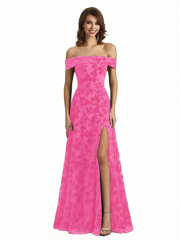 Elegant Floral Burnout Velvet Off The Shoulder Side Slit A-Line Long Formal Evening Gown Dresses