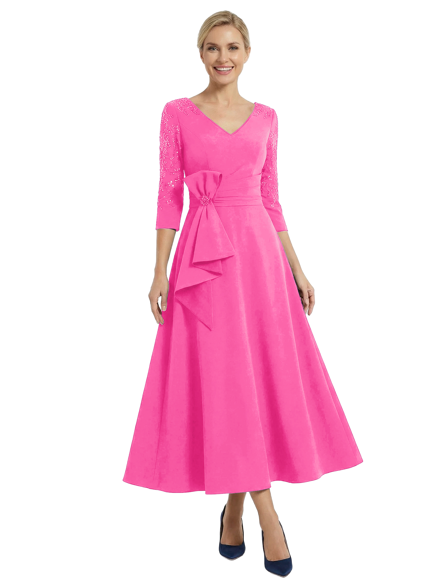 Chicsew Modern V-Neck 3/4 Sleeves Tea-Length A-Line Mother Of The Bride Dresses