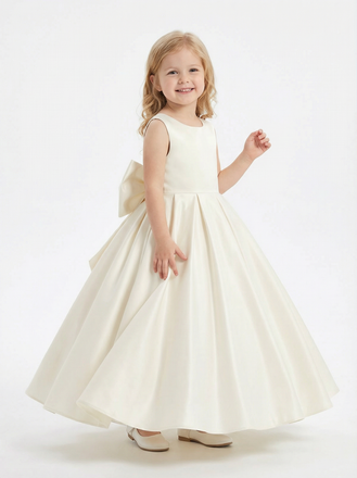 Classic Satin Flower Girl Dress Sleeveless A Line Floor Length Bow Back Formal Gown