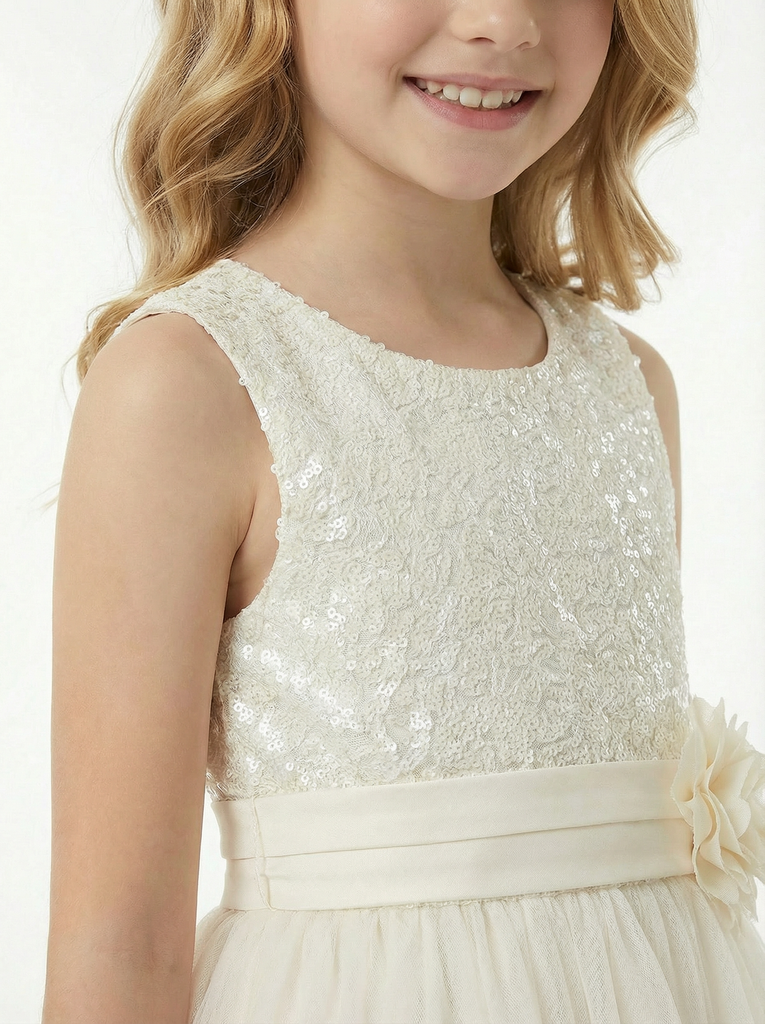 Sequin Bodice A Line Flower Girl Dress with Tulle Overlay Tea Length Party Skirt