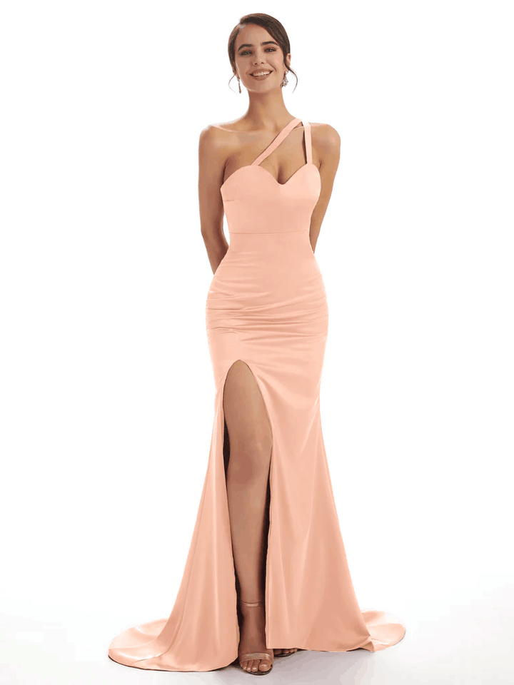 Sexy One Shoulder Soft Satin Spaghetti Strap Side Slit Mermaid Long Bridesmaid Dresses In Stock