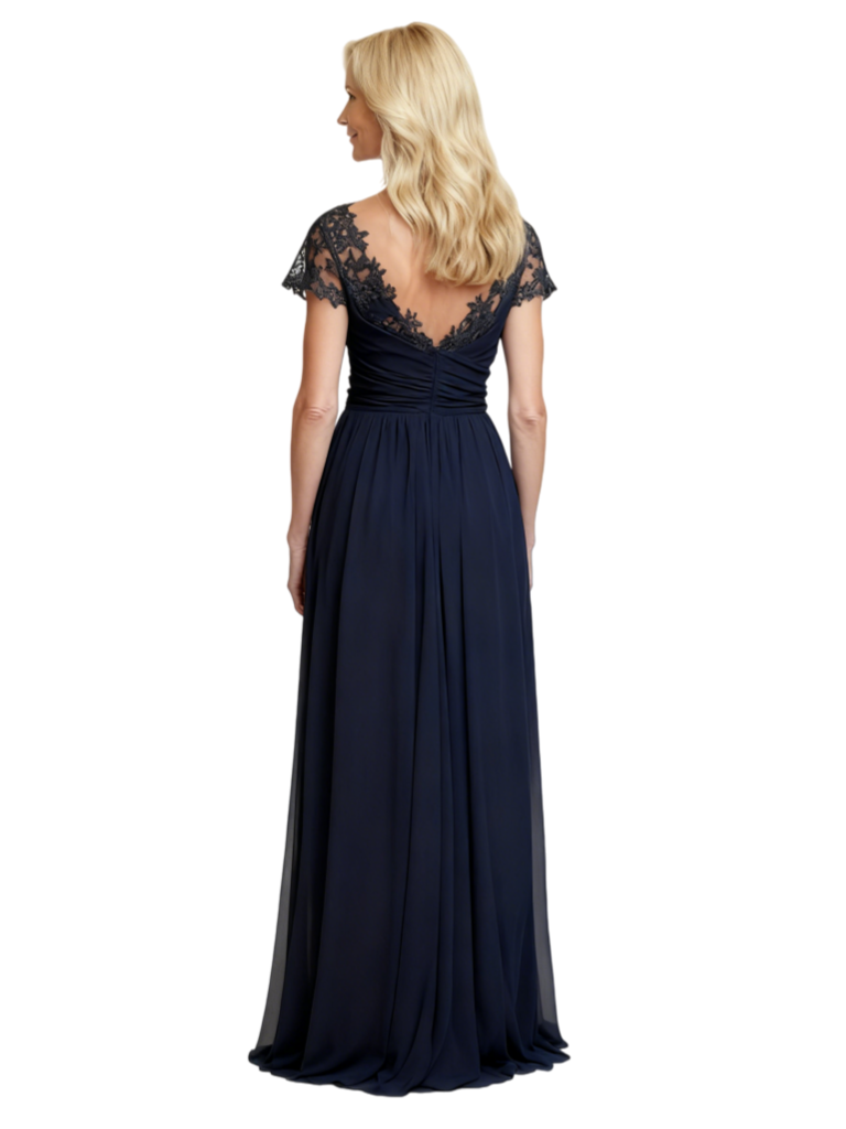 Elegant A-Line V-Neck Short Sleeves Lace Chiffon Mother of The Bride Dresses