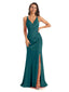 Modern Soft Satin Side Slit Spaghetti Straps V-Neck Floor-Length Sheath Bridesmaid Dresses In Stock
