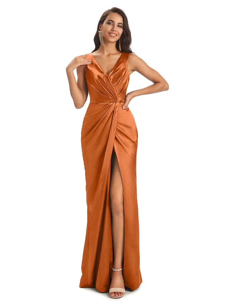 Soft Satin Front Slit V-Neck Floor-Length Long Bridesmaid Dresses In Stock - ChicSew Soft Satin Front Slit V-Neck Floor-Length Long Bridesmaid Dresses In Stock - ChicSew