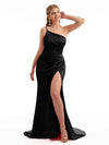 Long Satin Spaghetti Straps Black Bridesmaid Dress