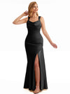 Straps Stretch Satin Black Mermaid Bridesmaid Dress