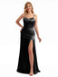 Spaghetti Strap Black Simple Satin Bridesmaid Dress