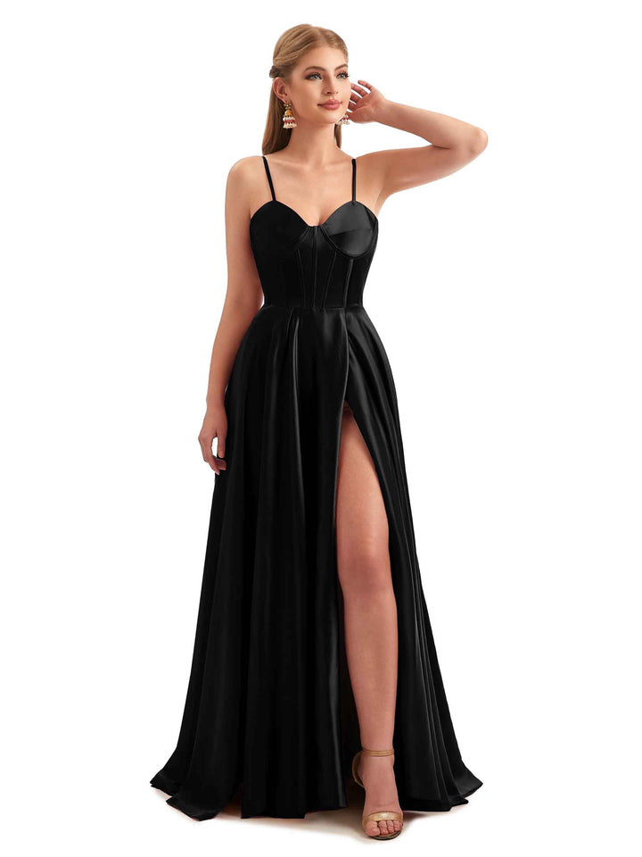 Black A-Line Formal Satin Long Bridesmaid Dresses