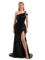 Long Satin One Shoulder Black Bridesmaid Dress