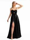 Spaghetti Straps Black Stretchy Satin Bridesmaid Dress