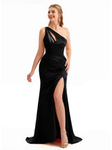 Black One-Shoulder Satin Silky Bridesmaid Dresses