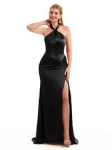 Sexy Black Silky Halter Mermaid Satin Bridesmaid Dresses
