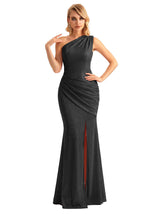 Sexy One Shoulder Mermaid Glitter Jersey Maxi Formal Evening Dresses For Women With Side Slit
