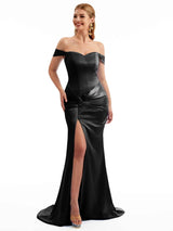 Black Off The Shoulder Stretchy Satin Bridesmaid Dresses