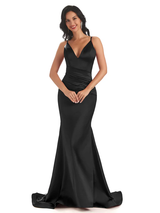 Sexy Spaghetti Straps Soft Satin V-Neck Mermaid Long Bridesmaid Dresses In Stock