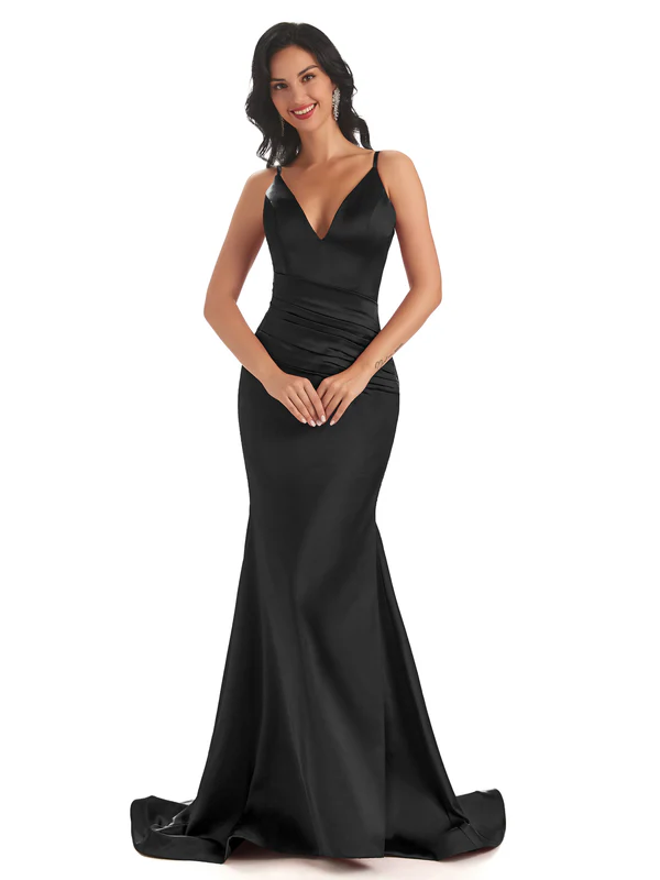 Sexy Spaghetti Straps Soft Satin V-Neck Mermaid Long Bridesmaid Dresses In Stock