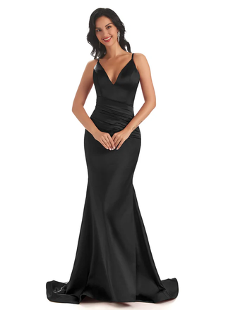 Sexy Spaghetti Straps Soft Satin V-Neck Mermaid Long Bridesmaid Dresses In Stock