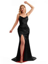 Scoop Black Side Split Satin Bridesmaid Dress