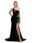 Boho Satin One Shoulder Black Bridesmaid Dress