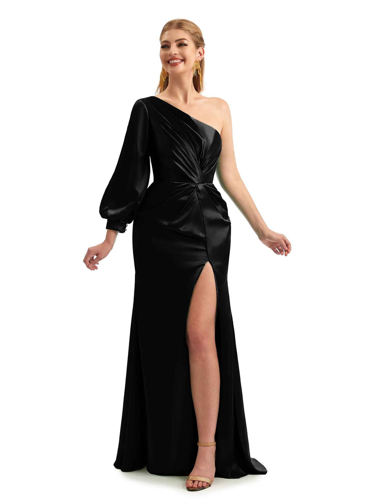 Black Long Sleeves Satin Bridesmaid Dress