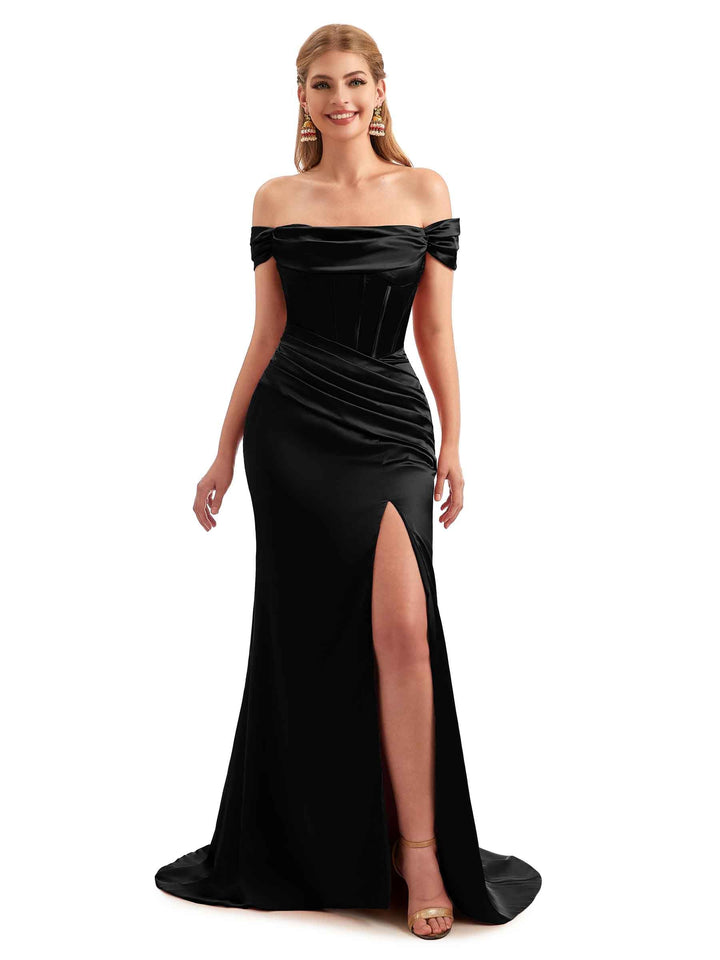Black Long Off The Shoulder Satin Bridesmaid Dresses