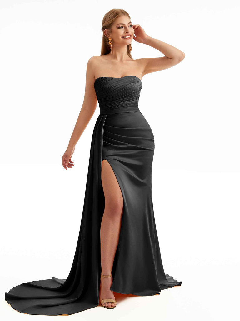 Sweetheart Black Chic Satin Mermaid Bridesmaid Dress