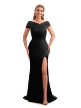 Modern Black Off The Shoulder Satin Bridesmaid Dresses