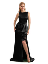 Scoop Ruffles Black Satin Side Slit Bridesmaid Dresses