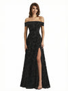 Elegant Floral Burnout Velvet Off The Shoulder Side Slit A-Line Long Formal Evening Gown Dresses
