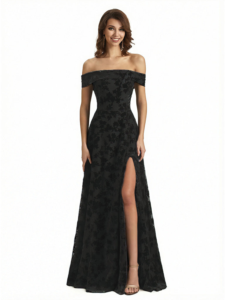 Elegant Floral Burnout Velvet Off The Shoulder Side Slit A-Line Long Formal Evening Gown Dresses