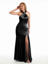 Black Sexy Halter Ruffles Satin Long Bridesmaid Dresses