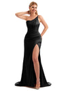 Black Formal One Shoulder Satin Bridesmaid Dress