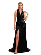 Boho Black Satin Silky Halter Bridesmaid Dresses