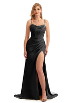 Stretch Satin Spaghetti Straps Black Bridesmaid Dresses