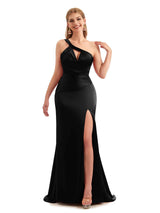 Unique Black Long One Shoulder Satin Bridesmaid Dresses