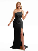 Sexy Stretchy Satin Black Long Bridesmaid Dresses