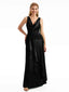 Ruffle V-Neck Black Satin Bridesmaid Dress