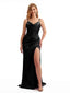 Black Satin Spaghetti Straps Side Split Bridesmaid Dresses