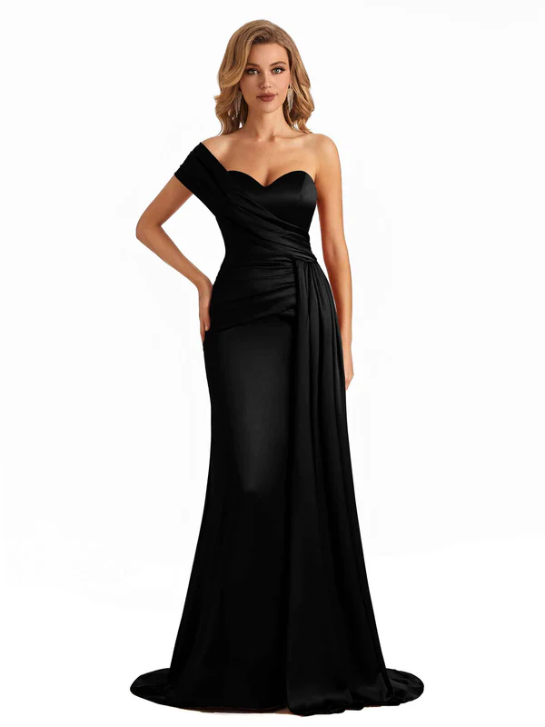 Elegant One Shoulder Soft Satin Long Mermaid Bridesmaid Dresses Online In Stock