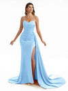 Simple Soft Satin Side Slit Spaghetti Straps Long Mermaid Bridesmaid Dresses Online