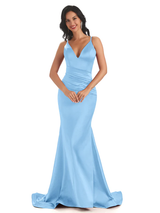 Sexy Spaghetti Straps Soft Satin V-Neck Mermaid Long Bridesmaid Dresses In Stock