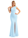 Sexy One Shoulder Mermaid Glitter Jersey Maxi Formal Evening Dresses For Women With Side Slit