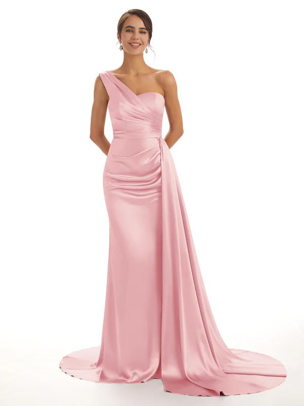 Elegant One Shoulder Soft Satin Pleats Mermaid Long Bridesmaid Dresses Online In Stock