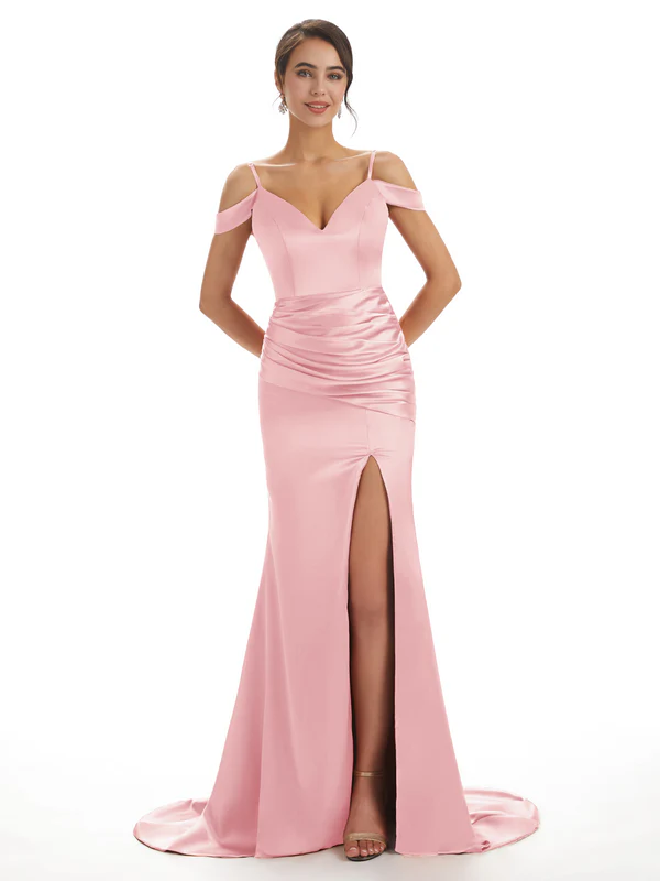 Sexy Off The Shoulder Soft Satin Side Split Long Mermaid Bridesmaid Dresses In Stock