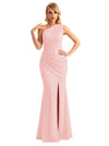 Sexy One Shoulder Mermaid Glitter Jersey Maxi Formal Evening Dresses For Women With Side Slit