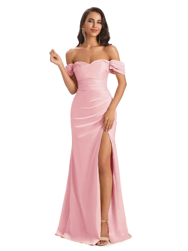 Sexy Off-Shoulder Sweetheart Soft Satin Side Slit Mermaid Floor Length Long Bridesmaid Dresses In Stock