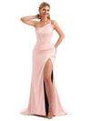 Blushing Pink Lace Corset One Strap Boho Satin Bridesmaid Gown