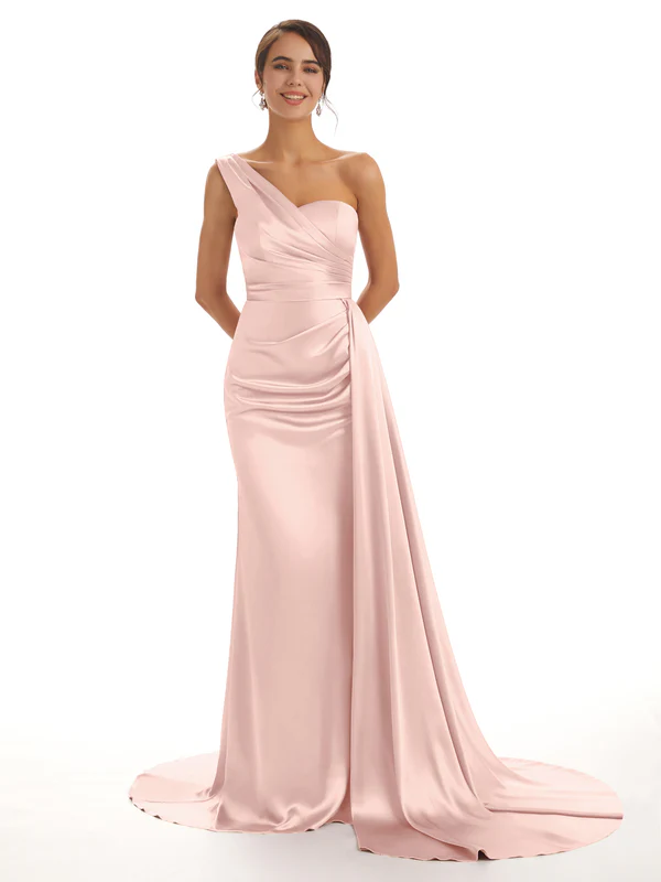 Elegant One Shoulder Soft Satin Pleats Mermaid Long Bridesmaid Dresses Online In Stock